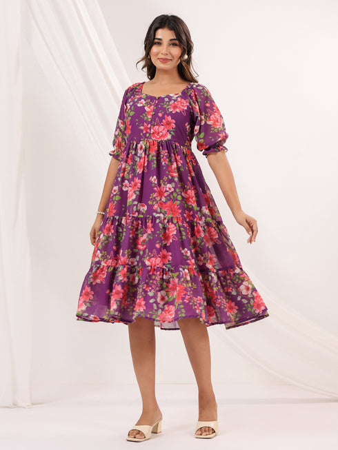Janasya Women's Purple Georgette Floral Printed Tiered Dress